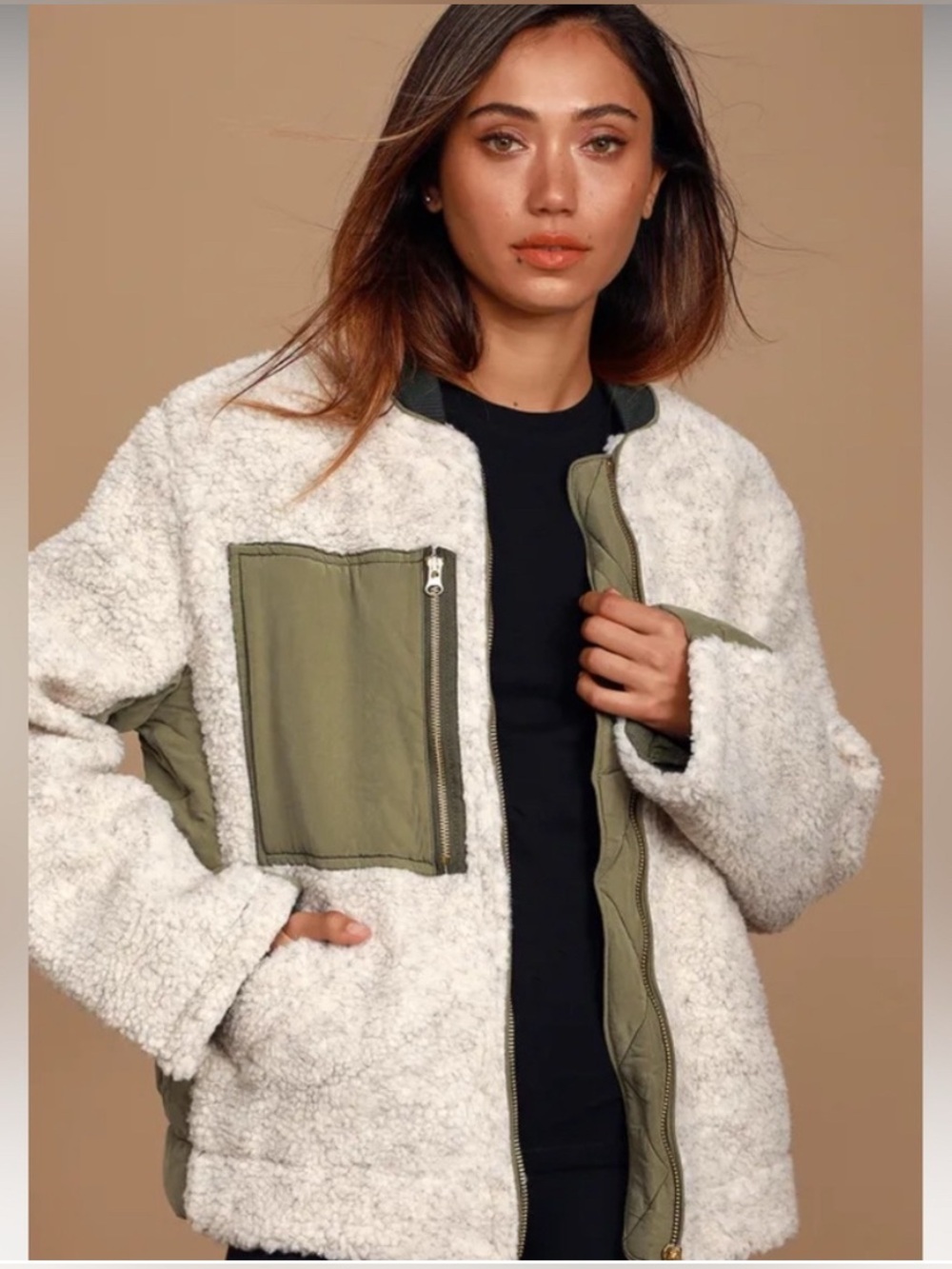 We The Free Cream Sherpa Jacket with Olive Utility Pockets